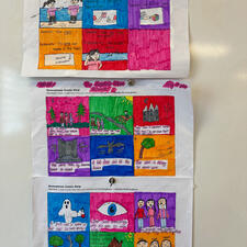 Pages of schoolwork, storytelling